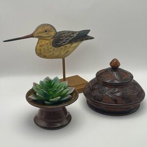 Vignette, Handmade Water Bird, Ikebana w/ Faux Plant, Wooden Covered Carved Dish